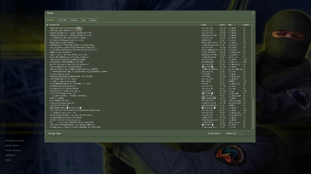 CS 1.6 server browser showing Internet servers