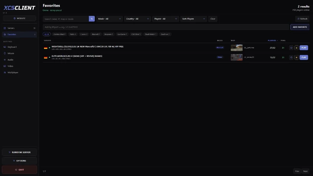 XCSCLIENT favorites tab with add-by-IP and starred servers